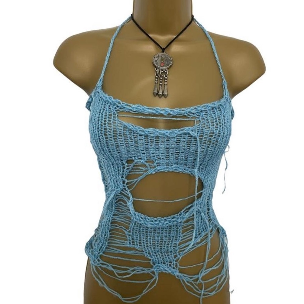 Blue crotchet cut out halter top